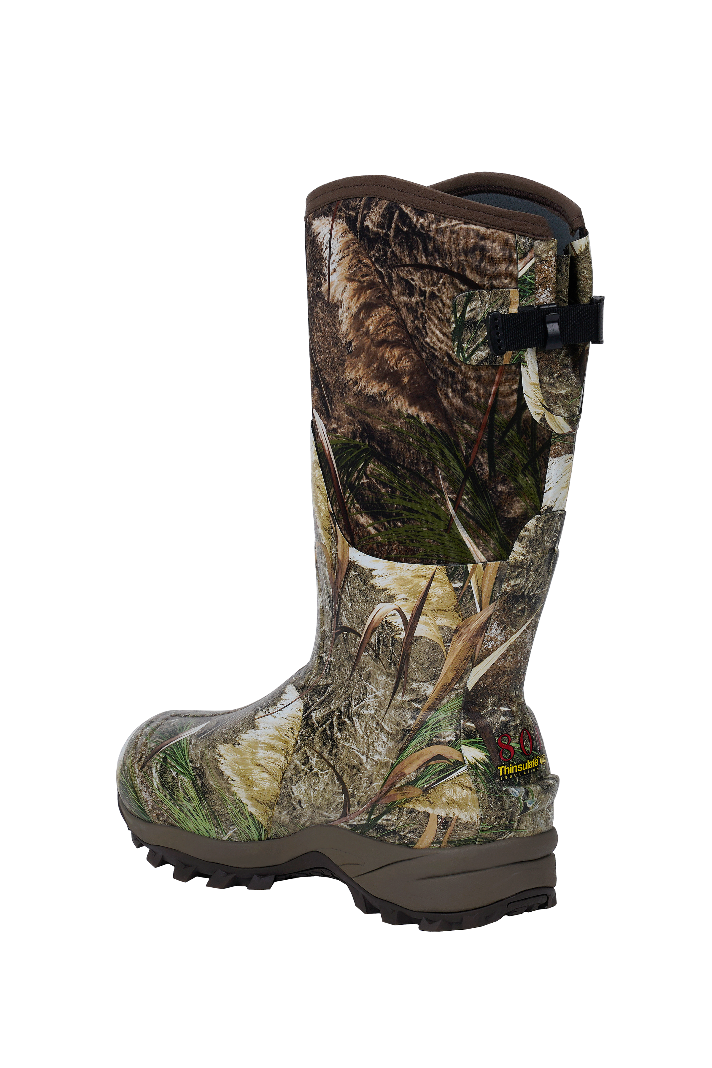 alt="Side view of Trudave TrailGuard Series men’s tall waterproof insulated hunting boots in Reed Grass color showing durable rubber construction, rugged tread sole, and insulated design for warmth and waterproof protection in outdoor hunting conditions"